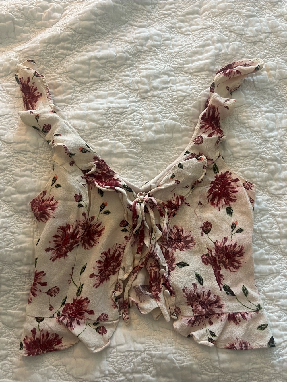 Astr Floral Tie-Front Ruffle Crop Top - Cream and Burgundy